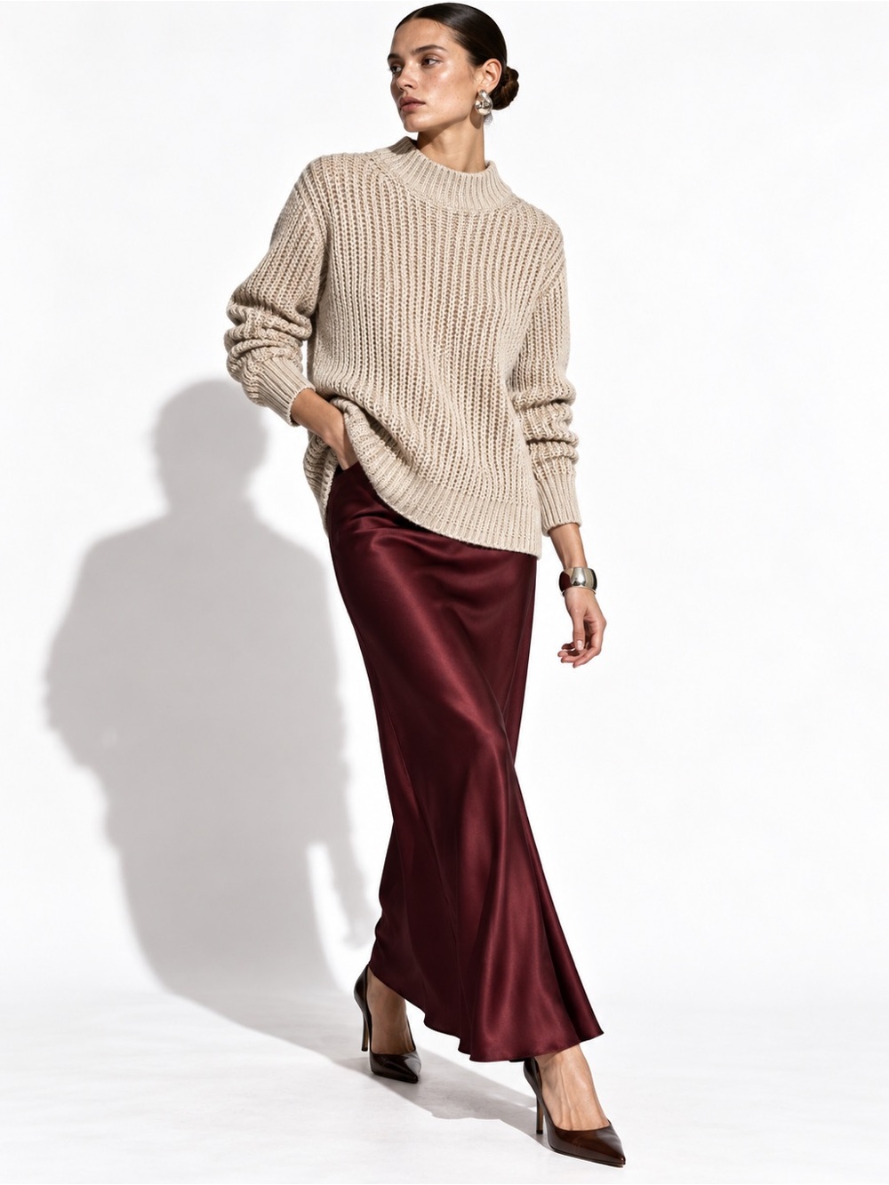 Zara Cream Chunky Knit Mock Neck Sweater Womens Medium Ribbed Pullover